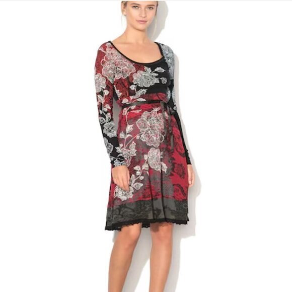 Desigual Long Sleeve Scoop Neck Dress Black Flared skirt Floral Print EU-M US-S - Picture 1 of 10